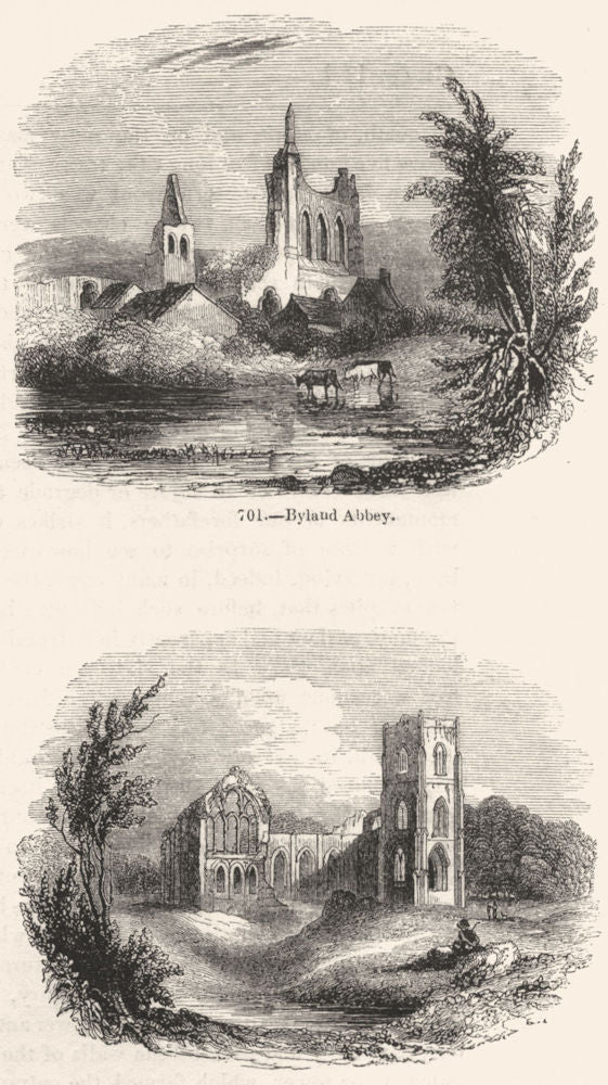 YORKS. Byland Abbey ; Fountains Abbey 1845 old antique vintage print picture